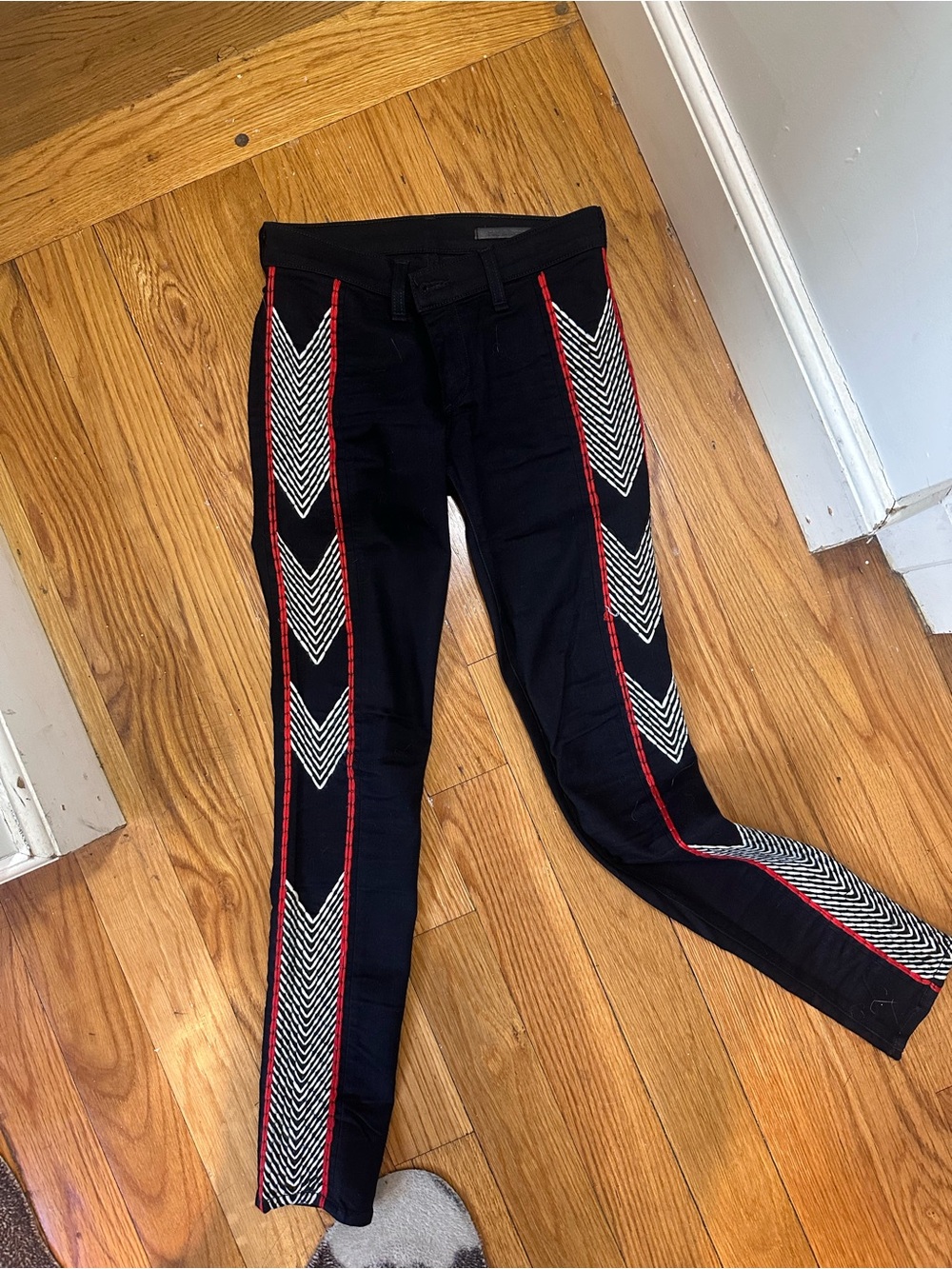 Rag + Bone Black Jean with Hand Stitched White Chevrons and Red Trim